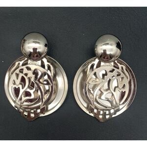Vintage Edgar Berebi Large Silver Tone Artsy Unique Modernist Earrings Pierced